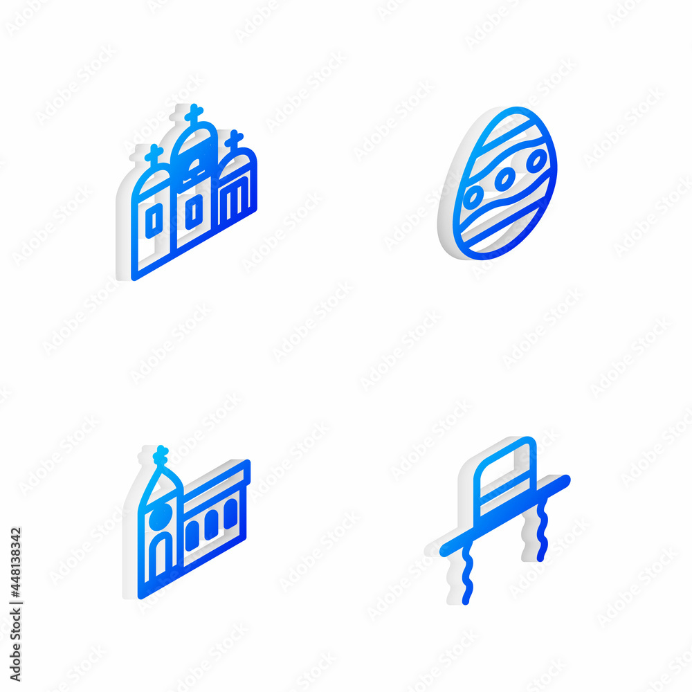 Set Isometric line Easter egg, Church building, and Orthodox jewish hat with sidelocks icon. Vector Set Isometric line Easter egg, Church building, and Orthodox jewish hat with sidelocks icon. Vector