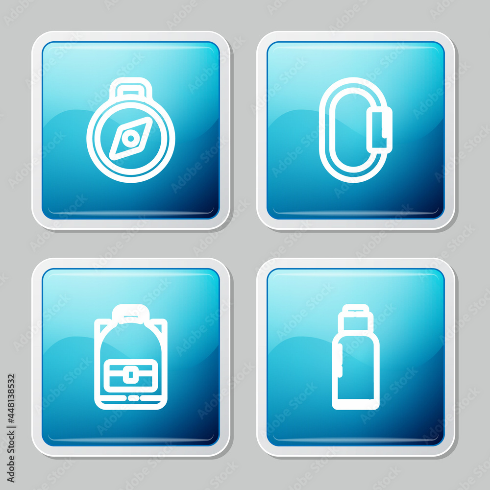 Set line Compass, Carabiner, Hiking backpack and Canteen water bottle icon. Vector Set line Compass, Carabiner, Hiking backpack and Canteen water bottle icon. Vector