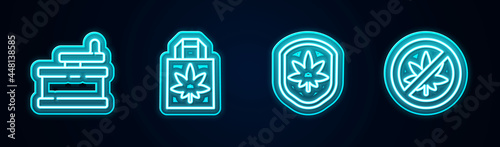 Set line Manual grinder, Shopping paper bag of marijuana, Shield and leaf and Stop or cannabis. Glowing neon icon. Vector