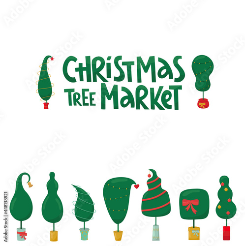 Christmas tree market lettering sign with Grinch tree. Vector stock illustration isolated on white background for template design Christmas sale, greeting card, invitation.  photo