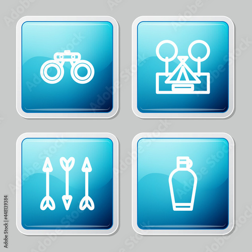 Set line Binoculars, Tourist tent, Hipster arrows and Canteen water bottle icon. Vector