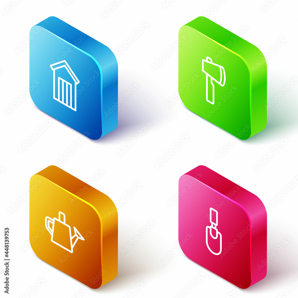 Set Isometric line Wooden outdoor toilet, axe, Watering can and Garden trowel spade shovel icon. Vector Set Isometric line Wooden outdoor toilet, axe, Watering can and Garden trowel spade shovel icon. Vector