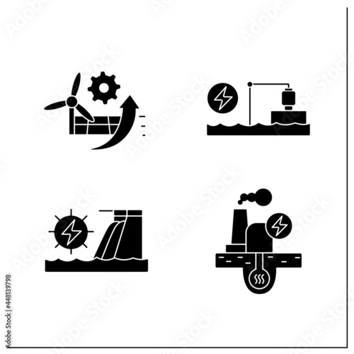Energy glyph icons set. P2X, pumped storage, hydroelectric, geothermal power stations. Electricity generation concept. Filled flat signs. Isolated silhouette vector illustrations