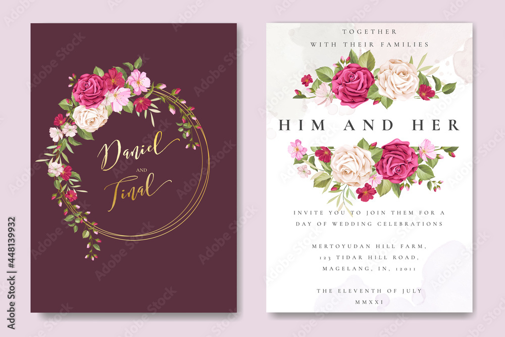 Beautiful wedding card template with colourful maroon roses