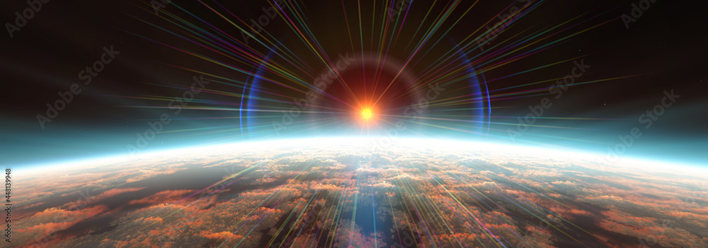 Earth sunrise from space over cloudy ocean. 3d rendering Earth sunrise from space over cloudy ocean. 3d rendering