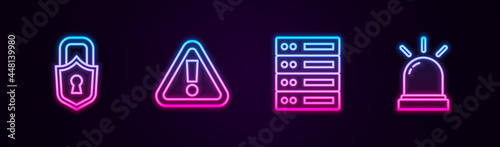 Set line Lock, Exclamation mark in triangle, Server, Data, Web Hosting and Motion sensor. Glowing neon icon. Vector