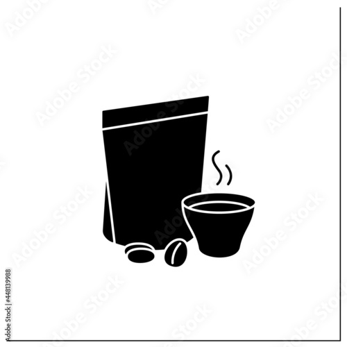 Coffee in bags glyph icon. Individual package. Portion control, protection, tampering resistance from bacteria. Packing food concept.Filled flat sign. Isolated silhouette vector illustration