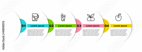 Set line Cup of tea and leaf, Fresh smoothie, Medical pill with plant and Apple. Business infographic template. Vector