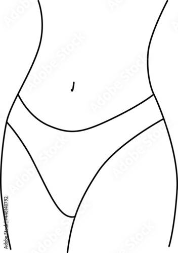Woman thin body silhouette. Human bikini body, navel, waist, hips. Health body. Black and white. White background. Line drawing.