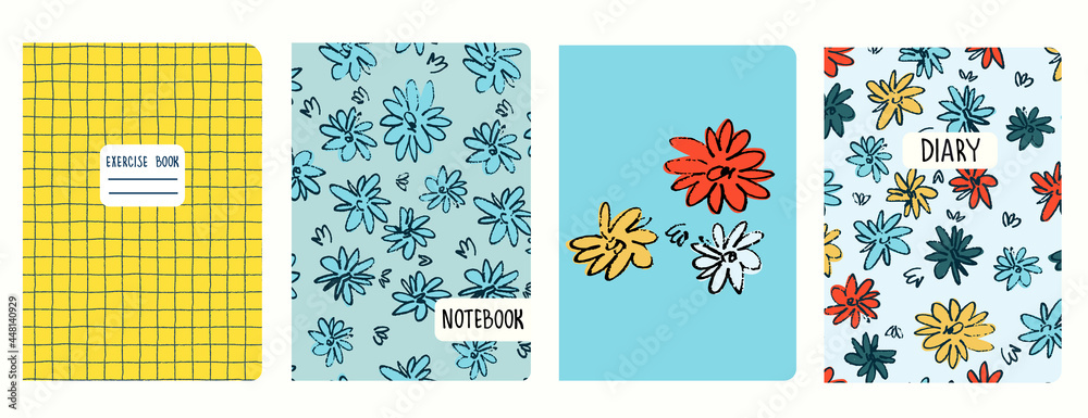 Fototapeta premium Set of cover page templates based on patterns with hand drawn flowers in ditsy style and gridline. Backgrounds for notebooks, notepads, diaries. Headers isolated and replaceable