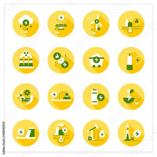 Energy flat icons set. Thunderstorm, solar, wind energy. Nonrenewable sources. Power stations. Electricity generation concept. Vector illustration