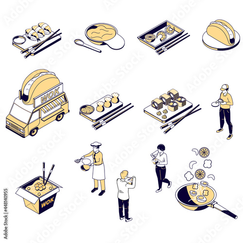 Asian Food Wok Menu Isometric Set