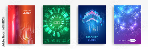 Contemporary science and digital technology concept. Vector template for brochure or cover with hi-tech elements background. Blue layout futuristic brochures, flyers, placards.