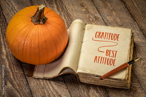 Фотография gratitude - best attitude, inspirational handwriting in a retro, leatherbound jo