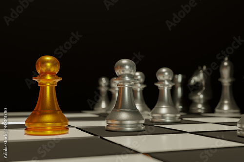 Two chess armies on the wooden chessboard. Empty place for text. chess battle 3d illustration