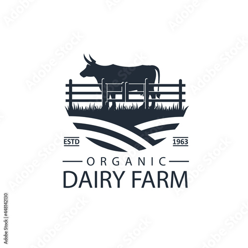label of dairy farm with animal cow and fence isolated on white background