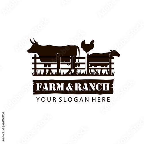 label of farm animals cow, chicken and sheep isolated on white background