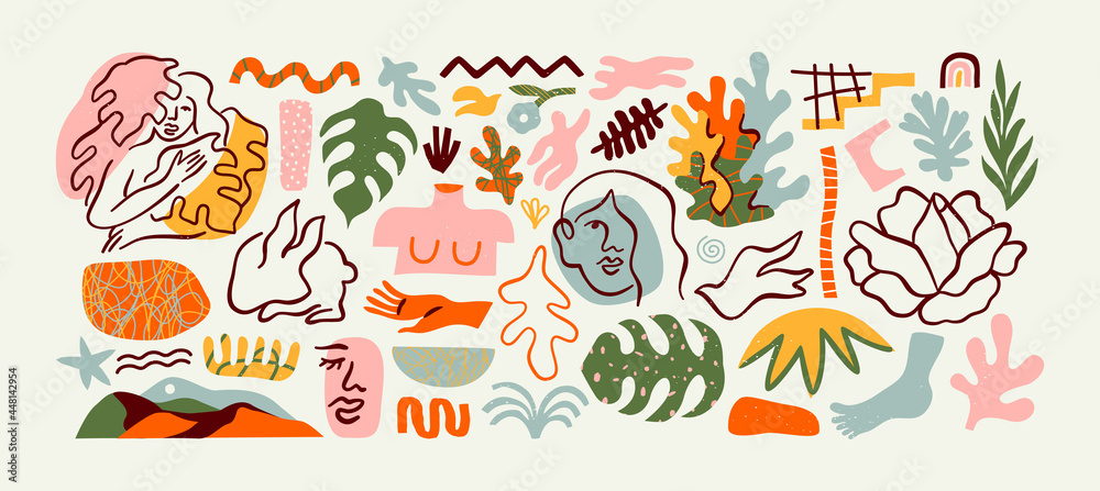 Set of trendy doodle and abstract nature icons on isolated white background. Big summer collection, unusual organic shapes in freehand matisse art style. Includes people, floral art and texture bundle Set of trendy doodle and abstract nature icons on isolated white background. Big summer collection, unusual organic shapes in freehand matisse art style. Includes people, floral art and texture bundle