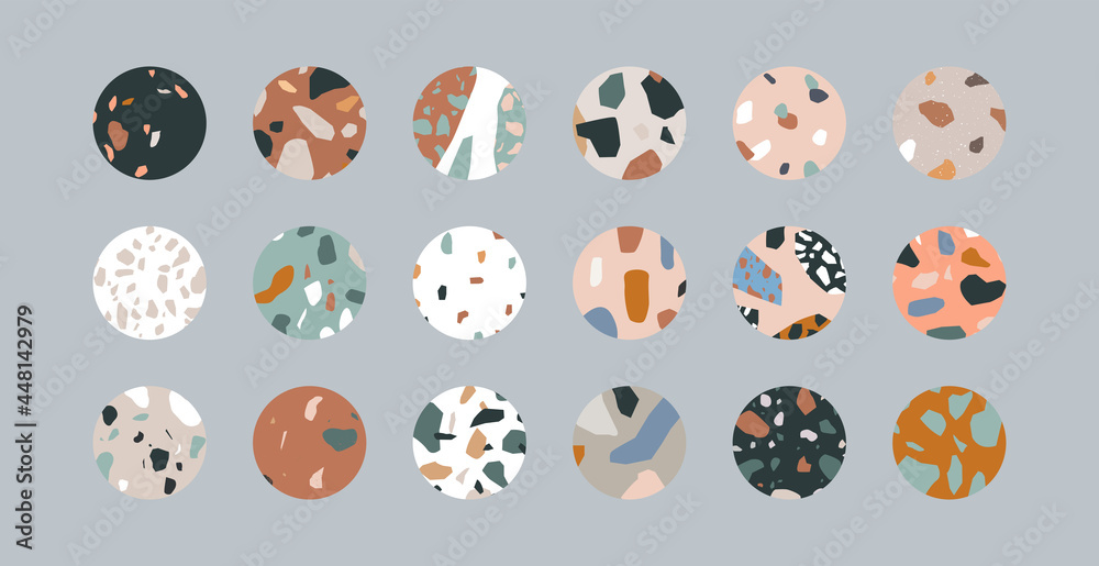 Set of trendy eye catching terrazzo texture icon for social media story highlight or blog post symbol. Big isolated stories bundle - different stone marble mosaic in minimalist style. Set of trendy eye catching terrazzo texture icon for social media story highlight or blog post symbol. Big isolated stories bundle - different stone marble mosaic in minimalist style.