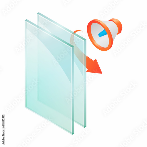 Vector illustration sheets of window glass isolated on transparent background. Realistic glass sheets icon. Cross-section diagram of a soundproofing double glazed window pane. Noise reducing.