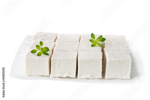 Apple gelatin dessert sugar free pastila marshmallow cubes isolated on white
