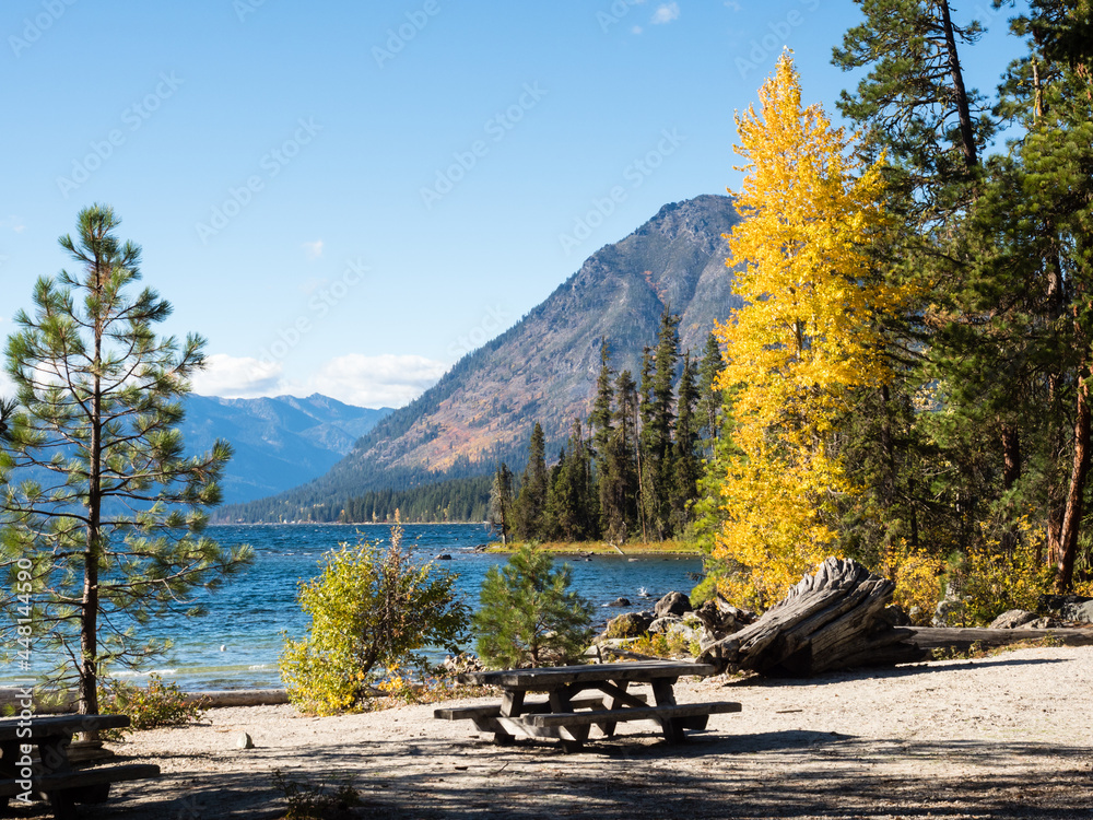 Fototapeta premium Fall foliage on the banks of Lake Wenatchee - Washington state, USA