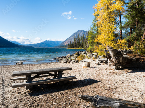 Fall foliage on the banks of Lake Wenatchee - Washington state, USA photo