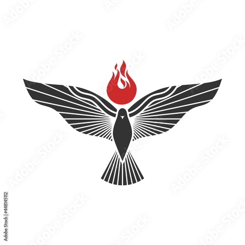 Christian illustration. Church logo. The dove and the flame are symbols of the Holy Spirit of God.