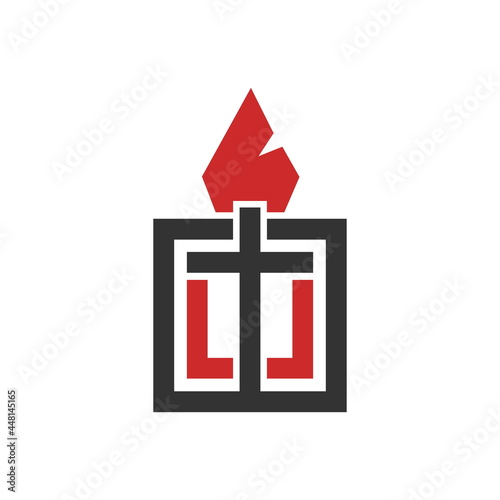 Christian illustration. Church logo. The cross of the Lord Jesus Christ, an open Bible and a flame of fire are a symbol of the Holy Spirit.
