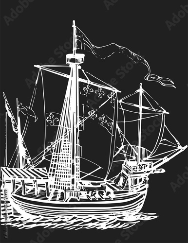A ship of the Order of Malta. Old nautical vessel, graphic hand drawing. Vector