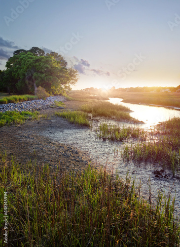 View of the marsh waterways in the Low Country near Charleston SC at sunset