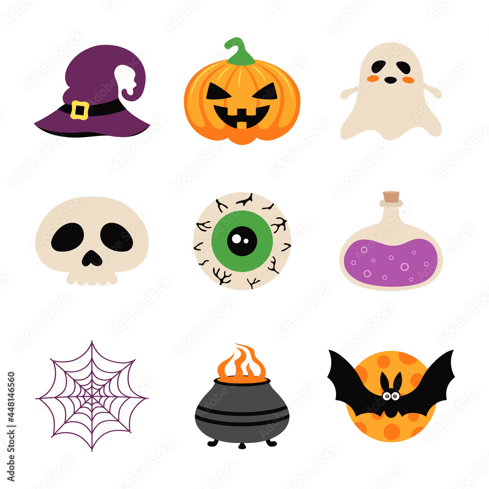set with cartoon halloween elements isolated on white set with cartoon halloween elements isolated on white