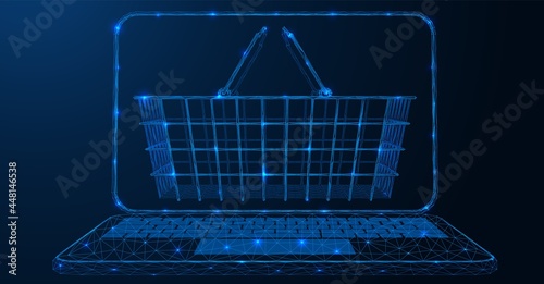 Shopping cart in the laptop monitor screen. The concept of online shopping. A low-poly construction of lines and dots. Blue background.