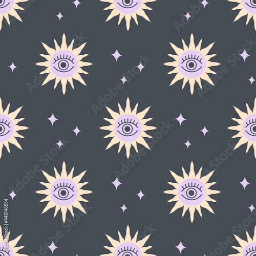 seamless pattern with magic sun on dark background