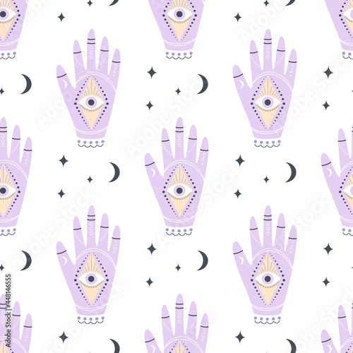 seamless pattern with mystic hands on white