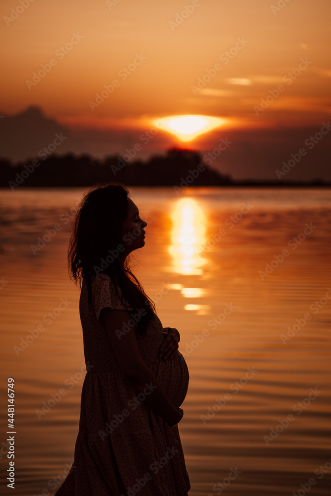 Pregnant woman in profile at sunset. Side view of silhouette in rays of setting sun reflected in water of beautiful woman standing on seashore. 