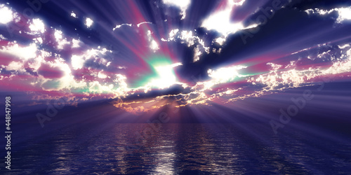sunset sea sun ray clouds  3d rendering
