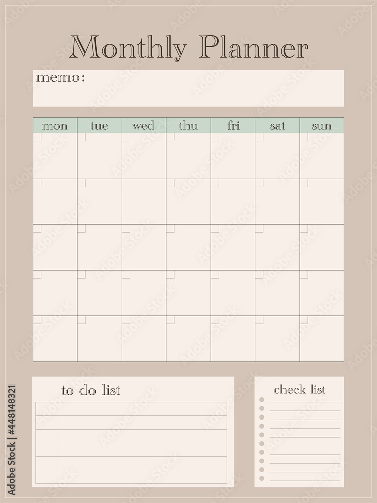 Vector monthly planner with to do and check lists