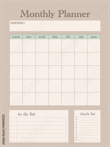 Vector monthly planner with to do and check lists