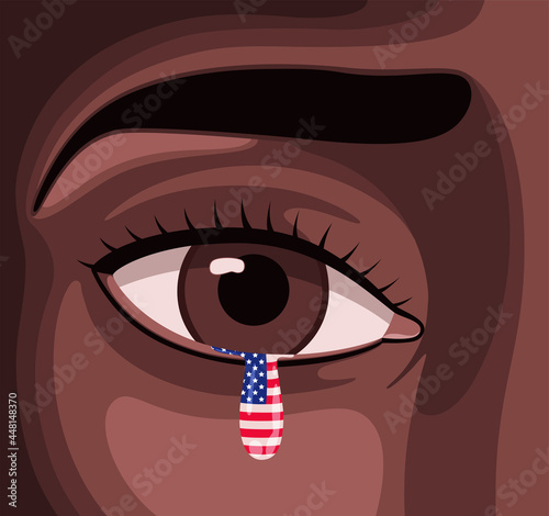 Eye of young black woman, sad for racism, who cries one tear with stars and stripes of the USA flag