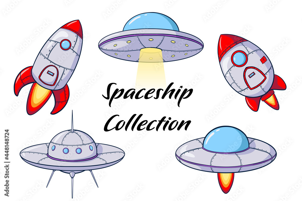 Cartoon Spacecraft and Rocket Collection. Ufo and shuttle for space flight and exploration design, galaxy computer and smartphone game, kids room decoration, stickers, prints Cartoon Spacecraft and Rocket Collection. Ufo and shuttle for space flight and exploration design, galaxy computer and smartphone game, kids room decoration, stickers, prints