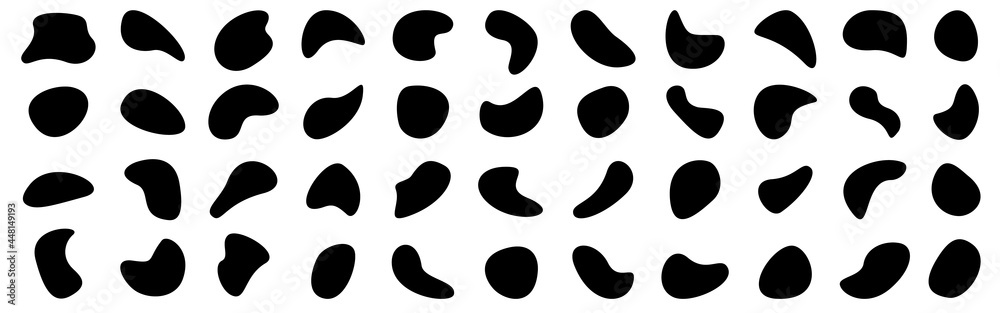 Organic shapes. Random black blobs on white backdrop. Abstract oval elements. Simple liquid drop. Modern design collection. Black fluid templates. Vector illustration Organic shapes. Random black blobs on white backdrop. Abstract oval elements. Simple liquid drop. Modern design collection. Black fluid templates. Vector illustration