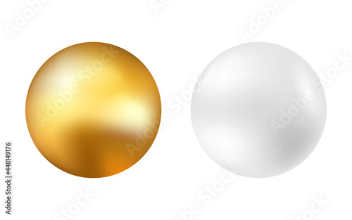 Gold and silver ball. Golden and white spheres on light background. Metal ball or pearl. Realistic 3d circle with shine. Cosmetics packaging design. Vector illustration