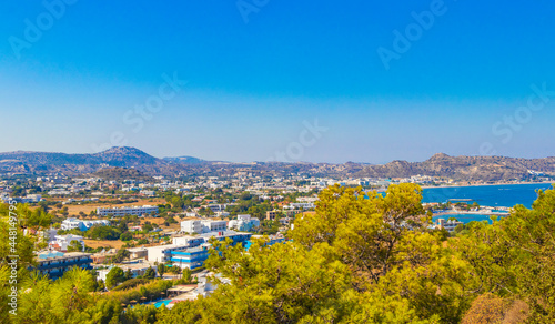Faliraki seascape town and mountain landscape panorama Rhodes Greece.