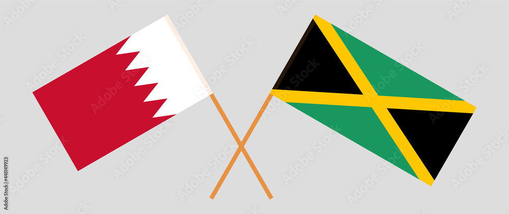 Crossed flags of Bahrain and Jamaica. Official colors. Correct proportion Crossed flags of Bahrain and Jamaica. Official colors. Correct proportion