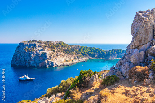 Anthony Quinn Bay with turquoise clear water Faliraki Rhodes Greece.