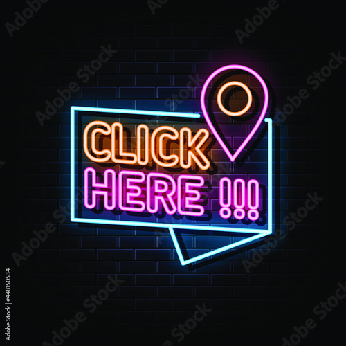 click here neon sign. design element. light banner. 