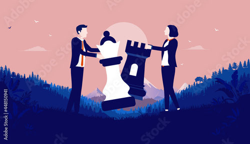 Gender competition - Man and woman rivalry with chess pieces outdoors. Conflict, rivalry and opposition between genders concept. Vector illustration
