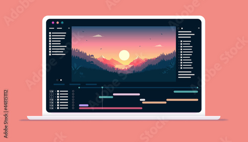 Video software on computer screen - Application for editing videos with timeline and user interface on laptop. Vector illustration