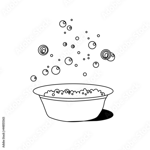 Vector metal bowl or wash basin with foam and soap bubbles isolated on a white background. Laundry concept.